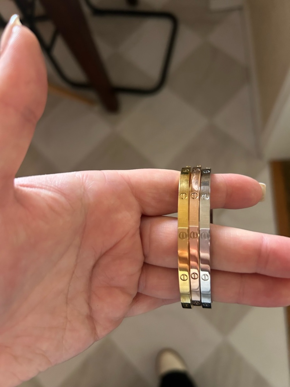 Rose Gold, Yellow Gold, and White Gold trio of 4 MM screw bangles with hinge.